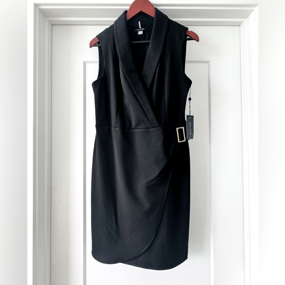 Tommy Hilfiger folded collar and faux wrap dress with gold hardware